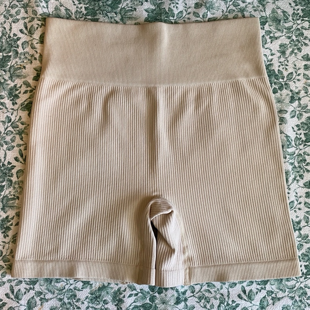Women Shein Cream Ribbed Textured Stretch Shorts